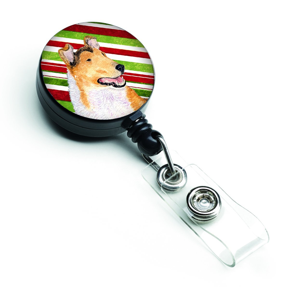 Collie Smooth Candy Cane Holiday Christmas Retractable Badge Reel
