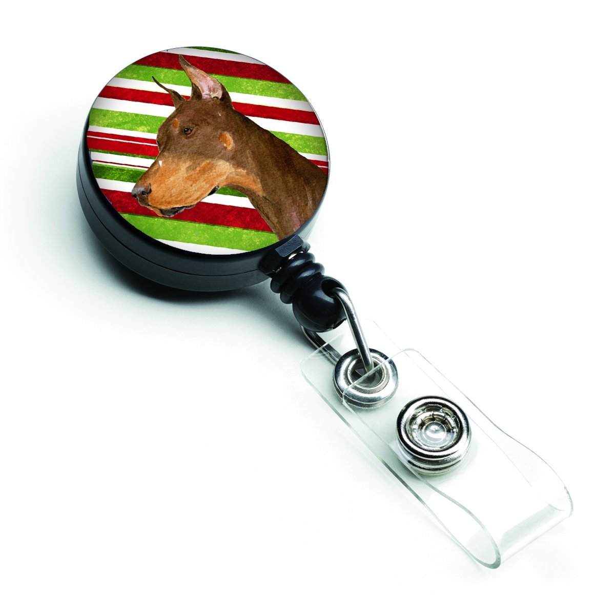 Doberman Candy Cane Holiday Christmas Retractable Badge Reel
