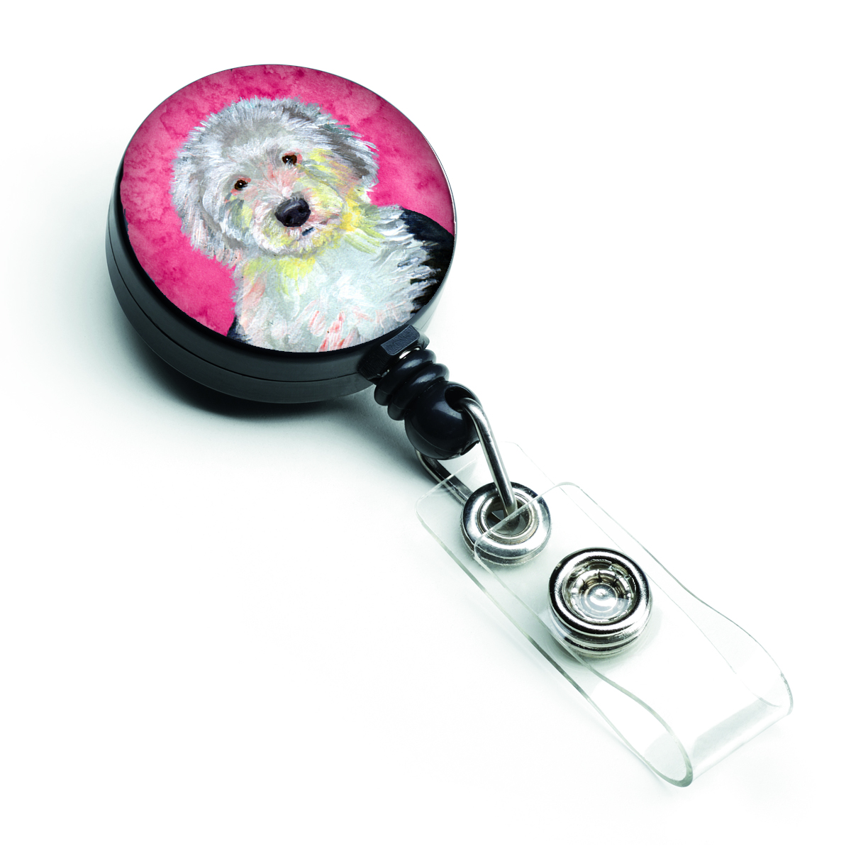 LH9396PKBR Pink Old English Sheepdog Retractable Badge Reel