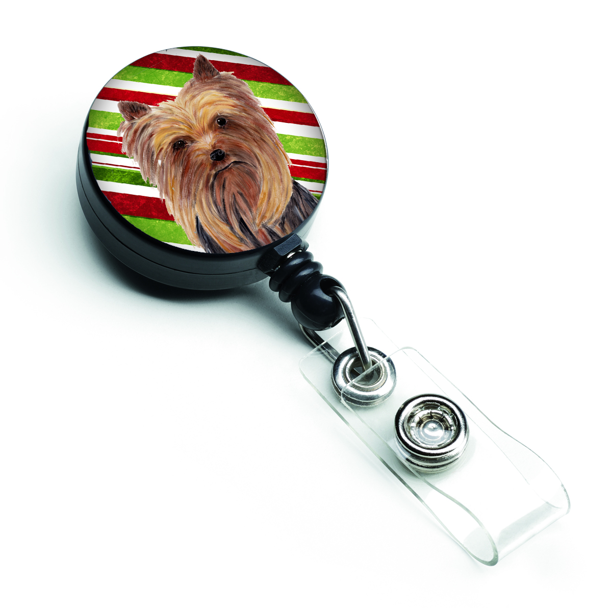 Yorkie Candy Cane Holiday Christmas Retractable Badge Reel
