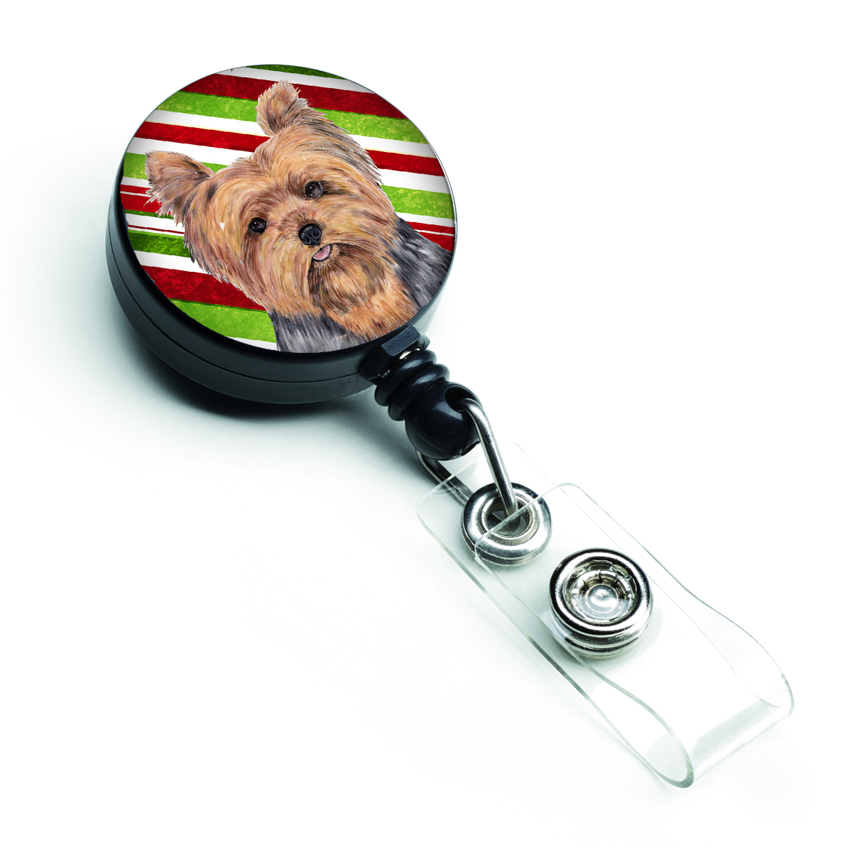 Yorkie Candy Cane Holiday Christmas Retractable Badge Reel