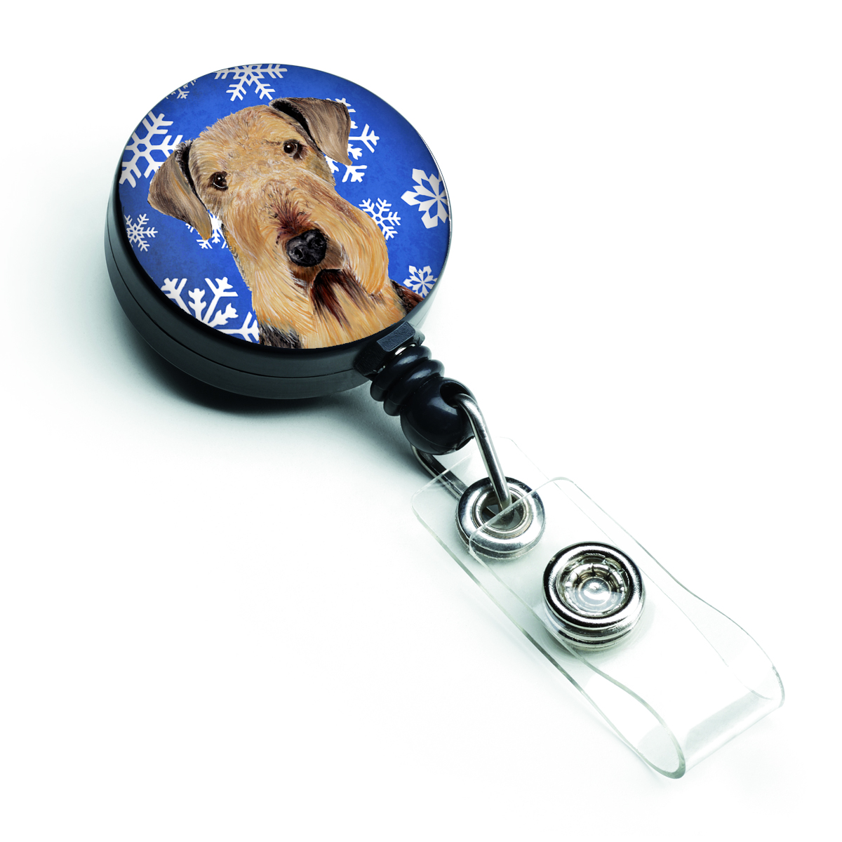 Airedale Winter Snowflakes Holiday Retractable Badge Reel