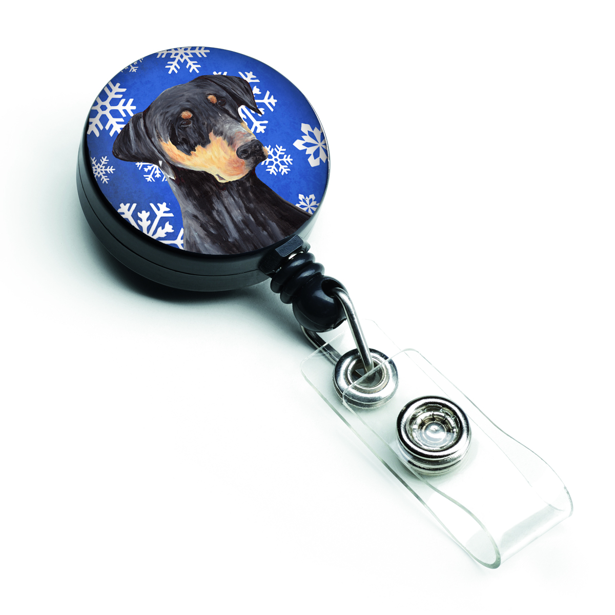 Doberman Winter Snowflakes Holiday Retractable Badge Reel