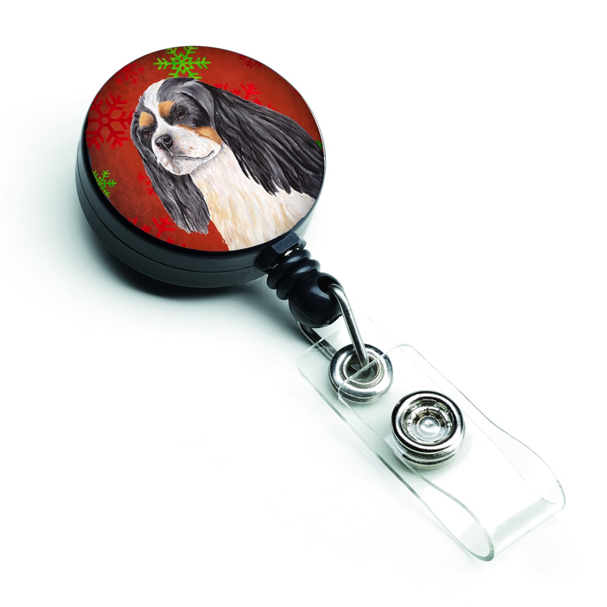 SC9431BR Cavalier Spaniel Red & Green Snowflakes Holiday Christmas Retractable Badge Reel