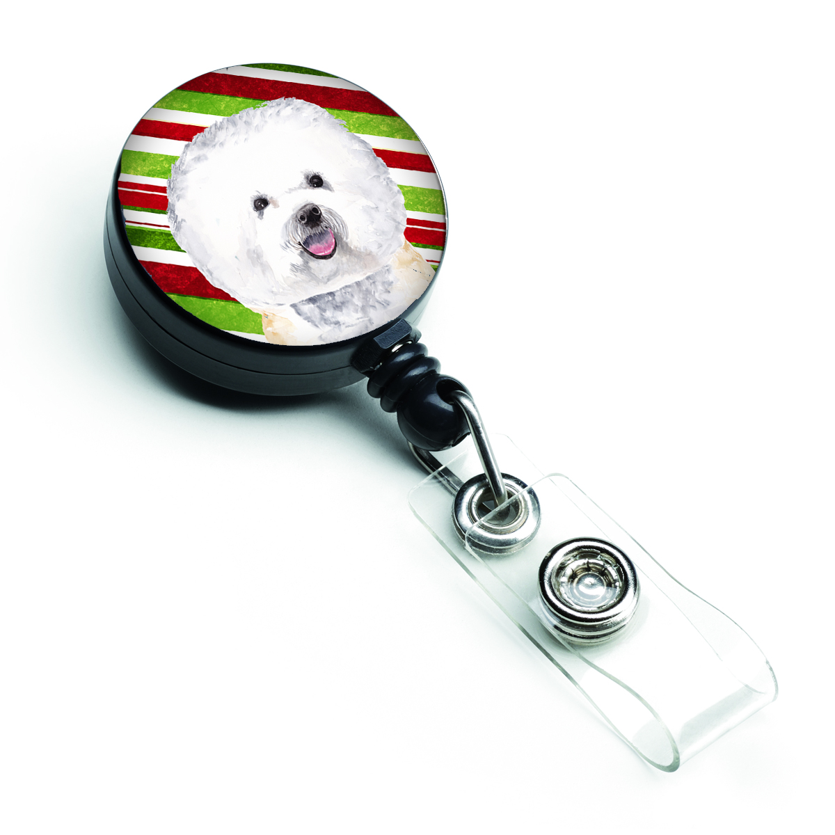 Bichon Frise Candy Cane Holiday Christmas Retractable Badge Reel