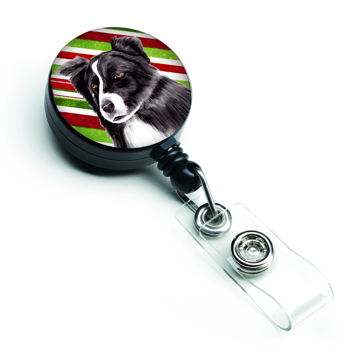 Border Collie Candy Cane Holiday Christmas Retractable Badge Reel