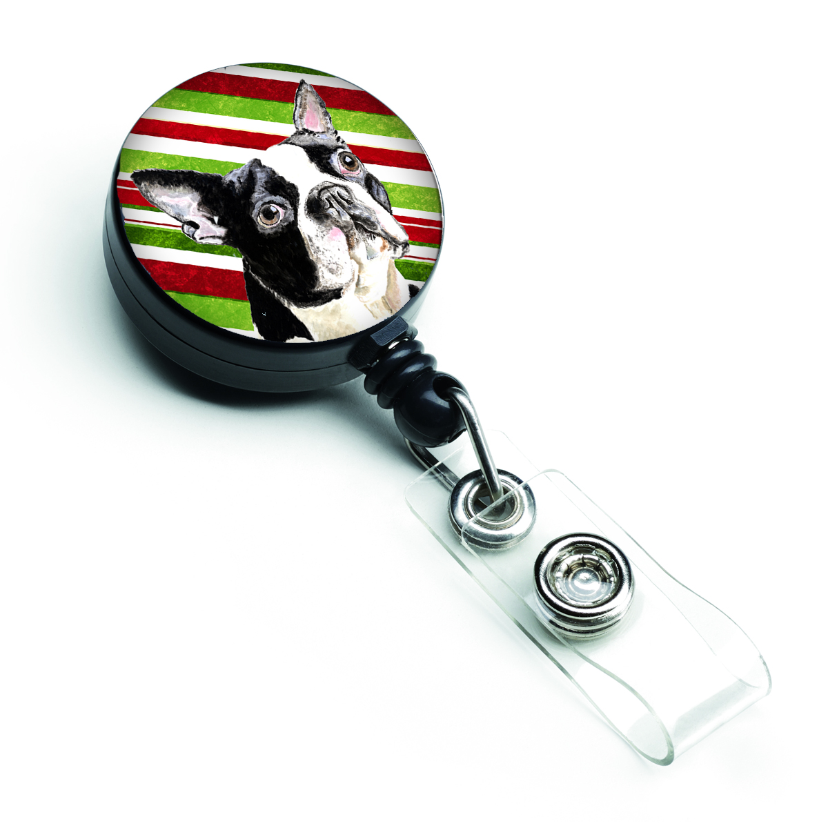 Boston Terrier Candy Cane Holiday Christmas Retractable Badge Reel