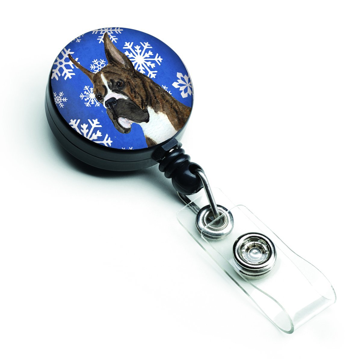 Boxer Winter Snowflakes Holiday Retractable Badge Reel