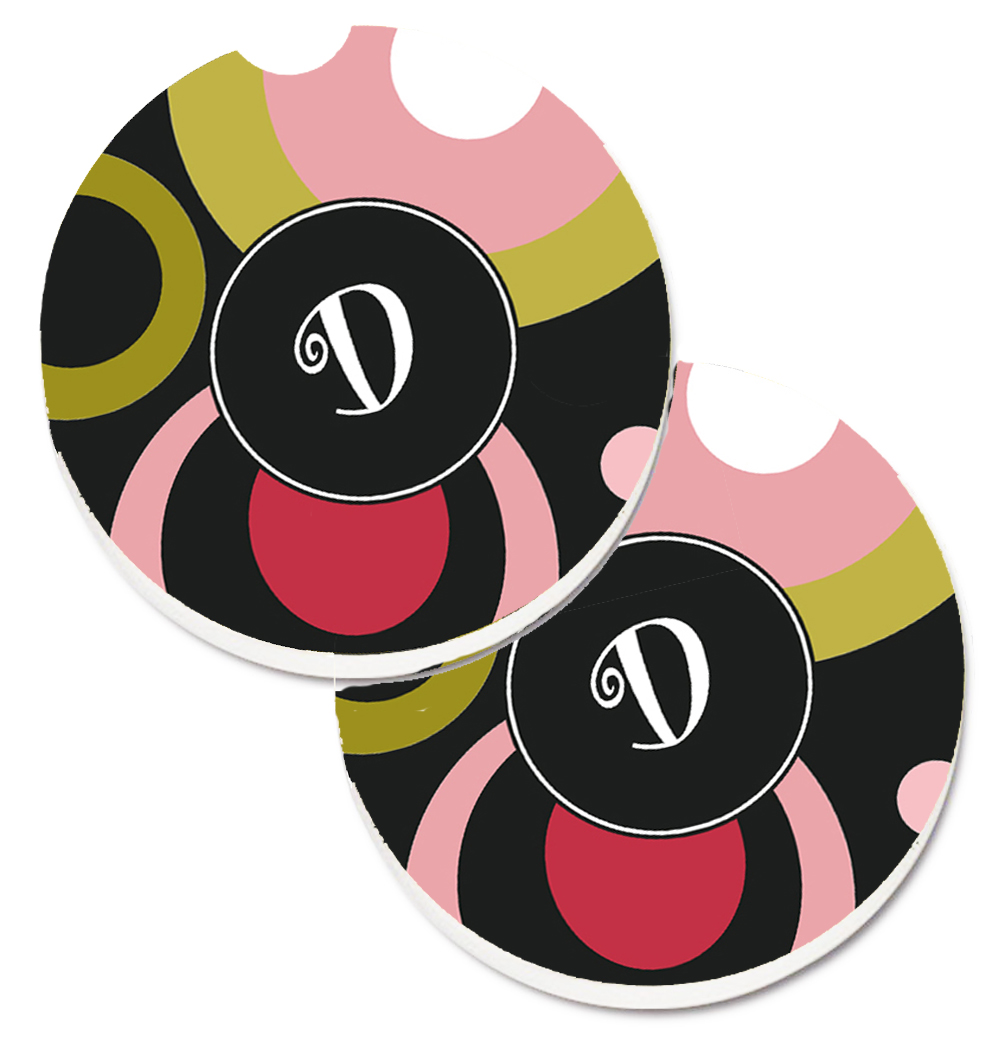 Letter D Monogram Retro in Black Set of 2 Cup Holder Car Coaster