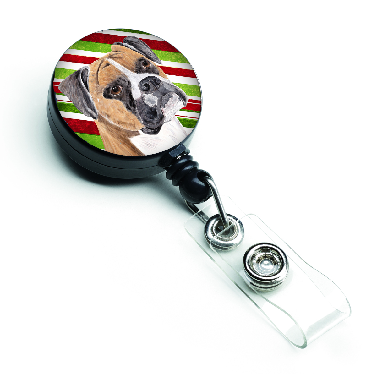 Boxer Candy Cane Holiday Christmas Retractable Badge Reel