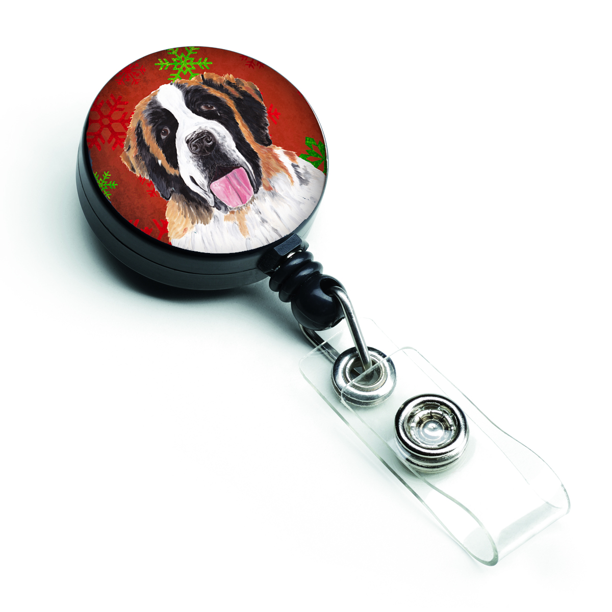 Saint Bernard Red & Green Snowflake Christmas Retractable Badge Reel