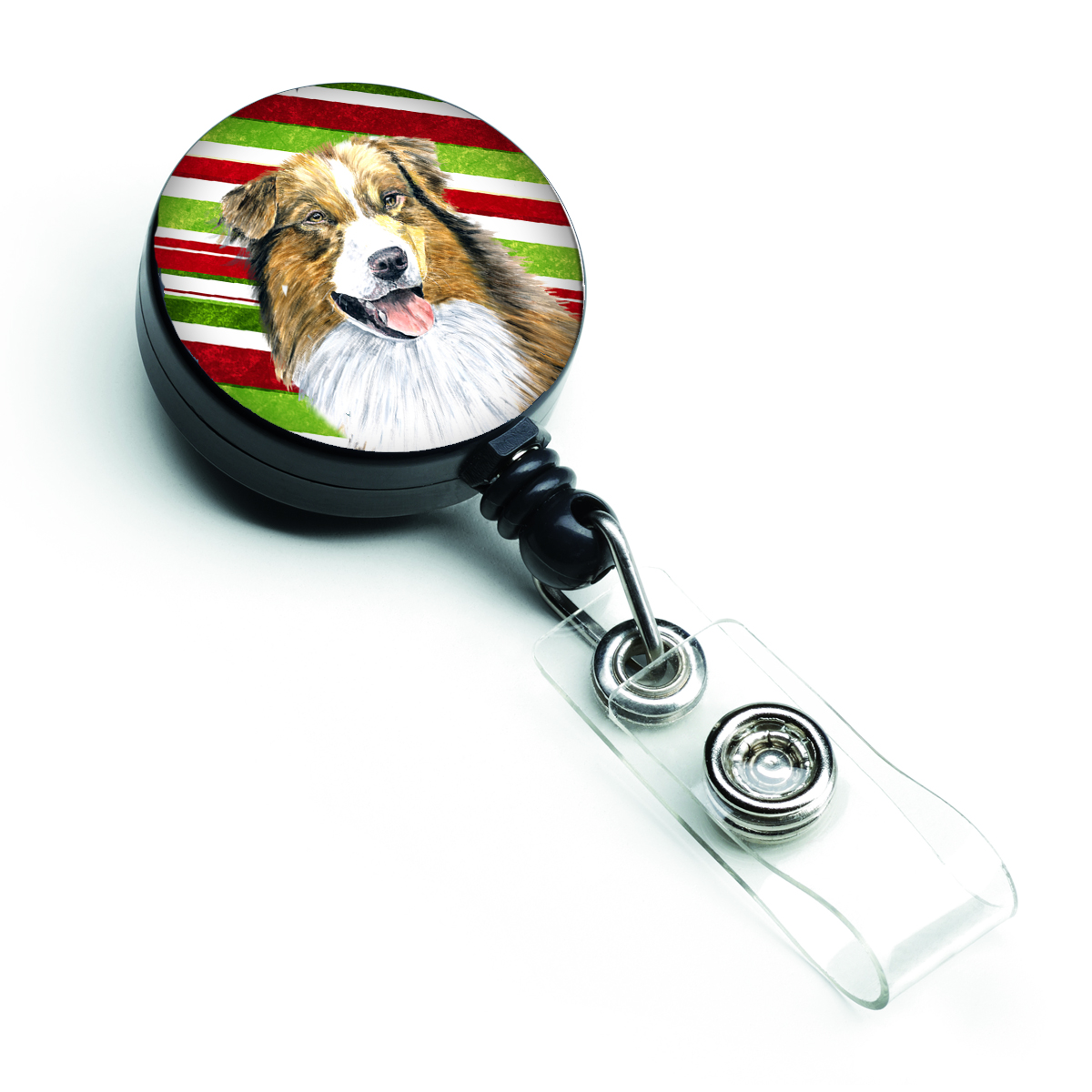 Australian Shepherd Candy Cane Holiday Christmas Retractable Badge Reel