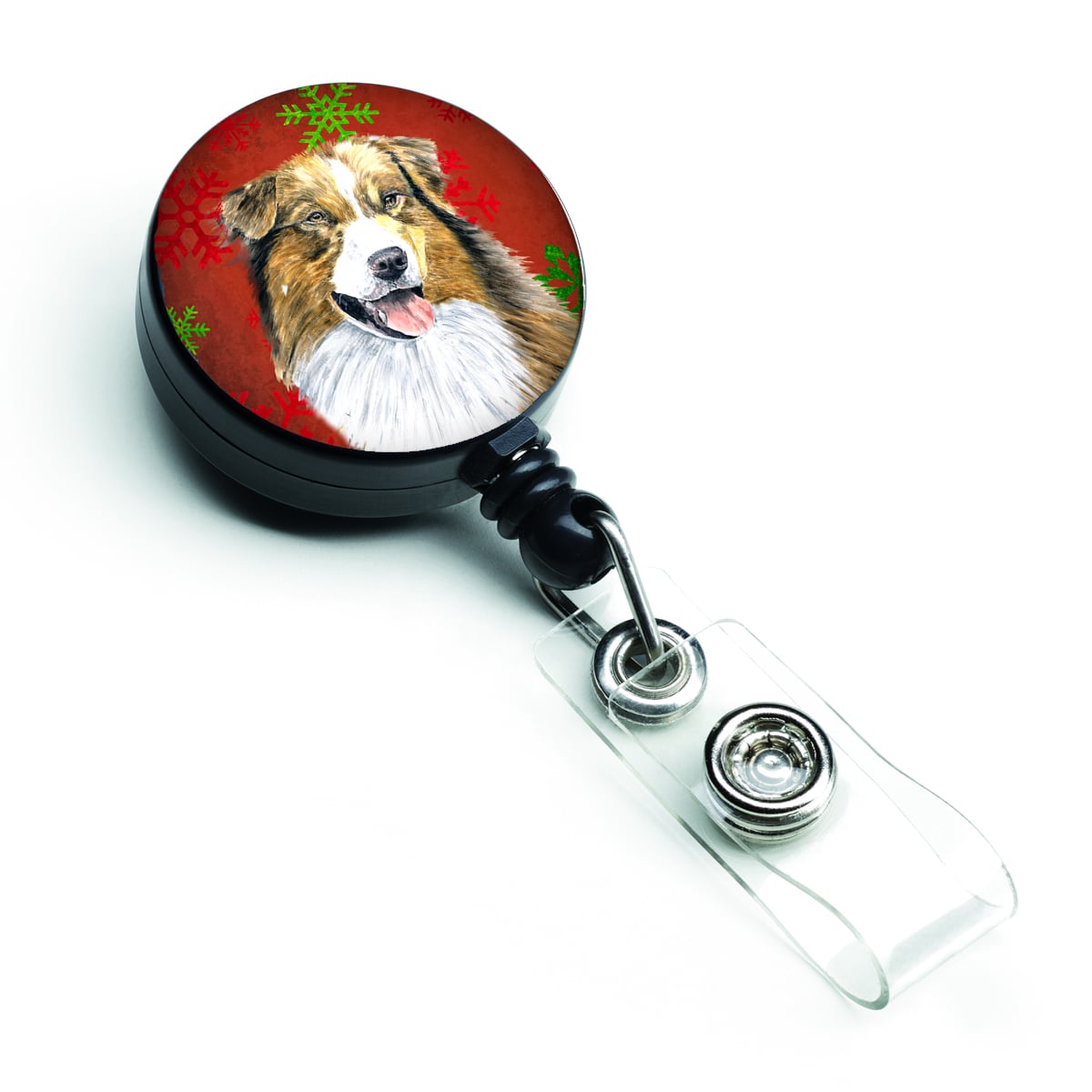 Australian Shepherd Red & Green Snowflakes Christmas Retractable Badge Reel