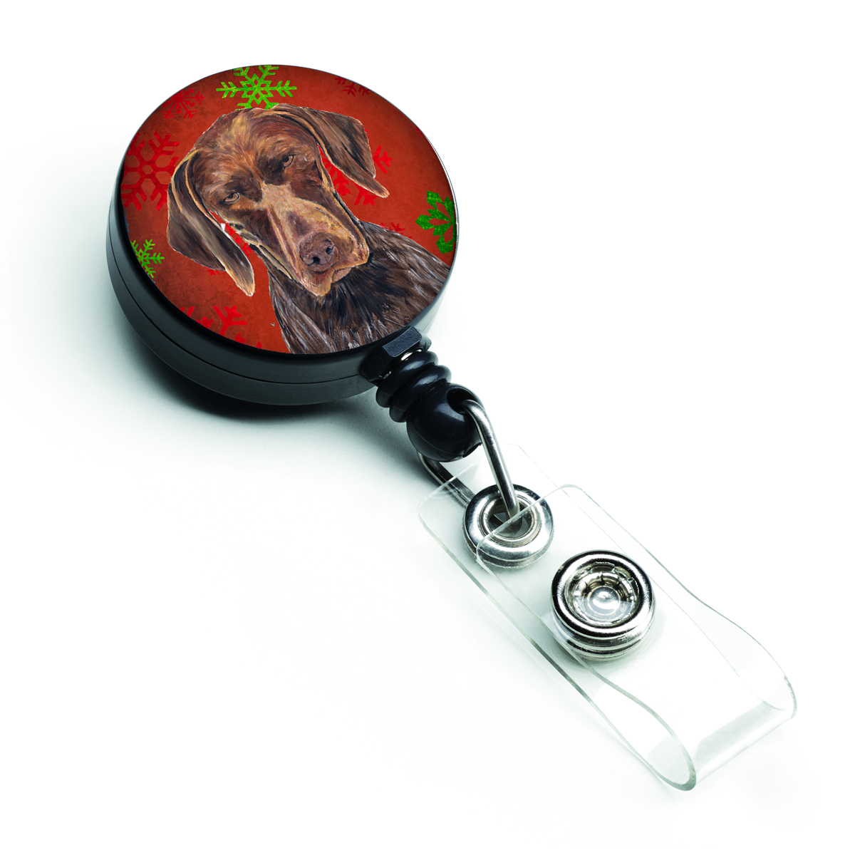 SC9435BR German Shorthaired Pointer Red Snowflakes Holiday Christmas Retractable Badge Reel