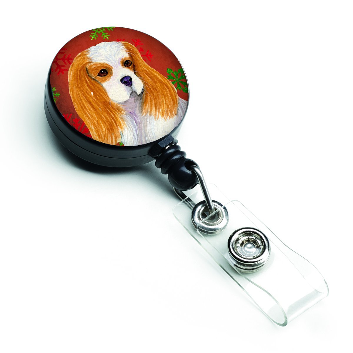 SS4734BR Cavalier Spaniel Red & Green Snowflakes Holiday Christmas Retractable Badge Reel