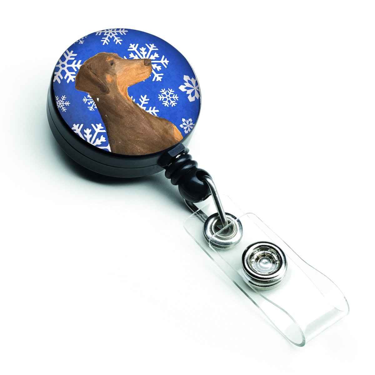 Doberman Winter Snowflakes Holiday Retractable Badge Reel