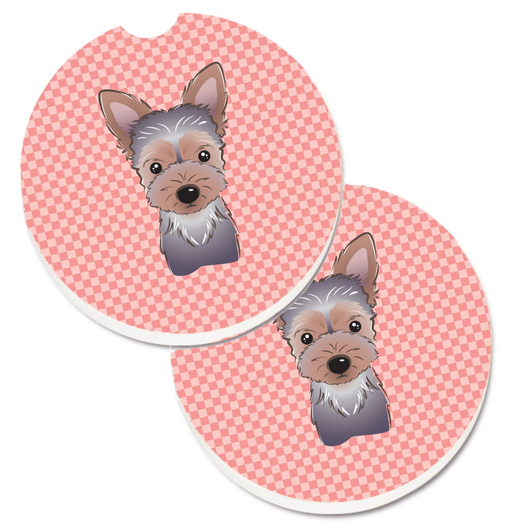 BB1232CARC Checkerboard Pink Yorkie Puppy Set of 2 Cup Holder Car Coaster