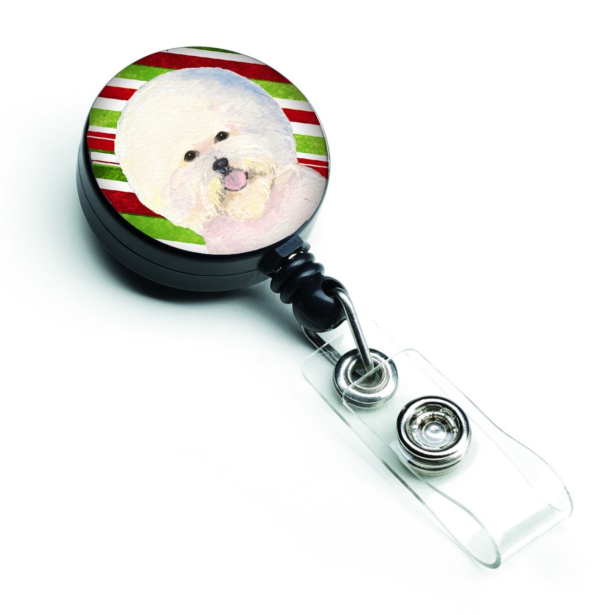Bichon Frise Candy Cane Holiday Christmas Retractable Badge Reel