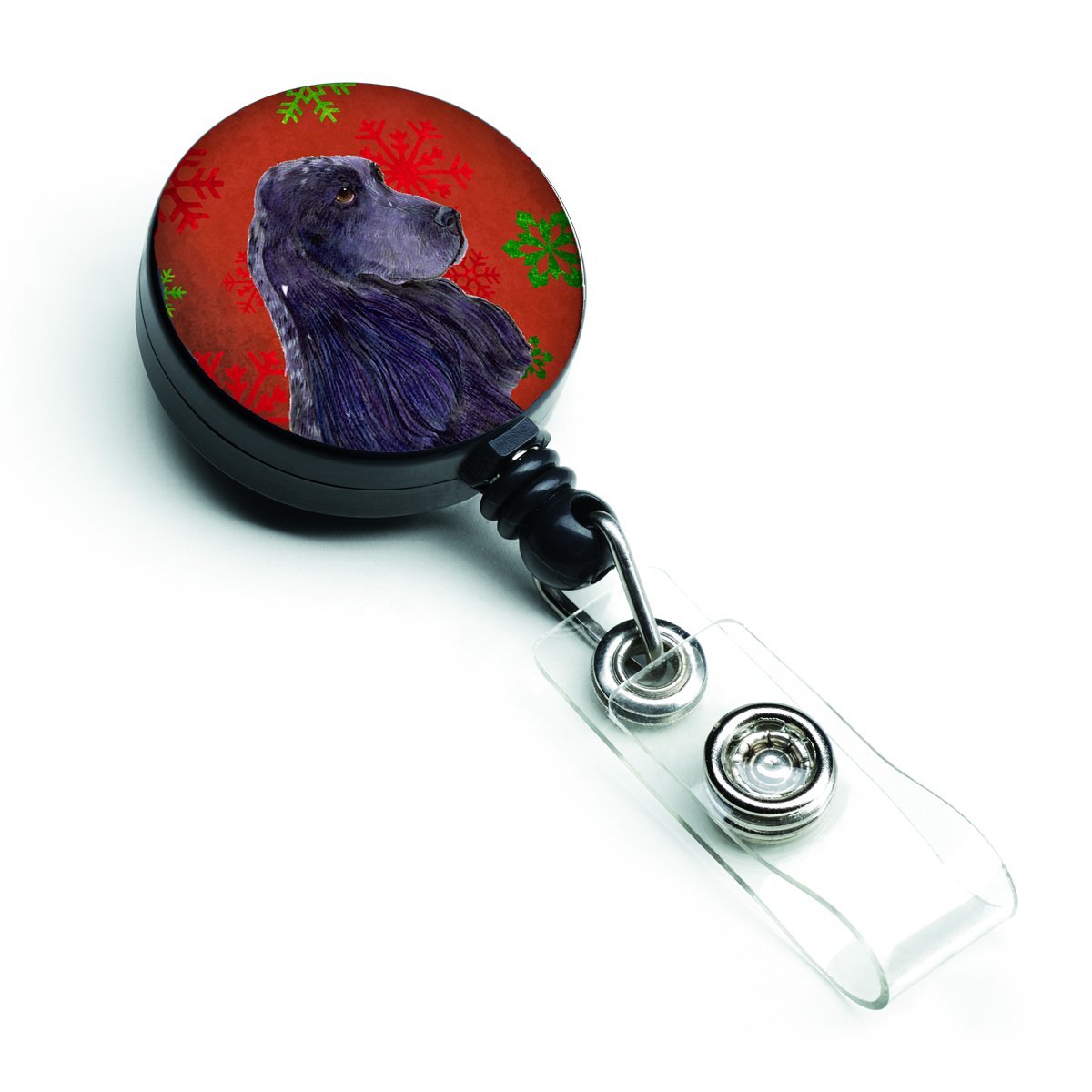 SS4678BR Cocker Spaniel Red & Green Snowflakes Christmas Retractable Badge Reel
