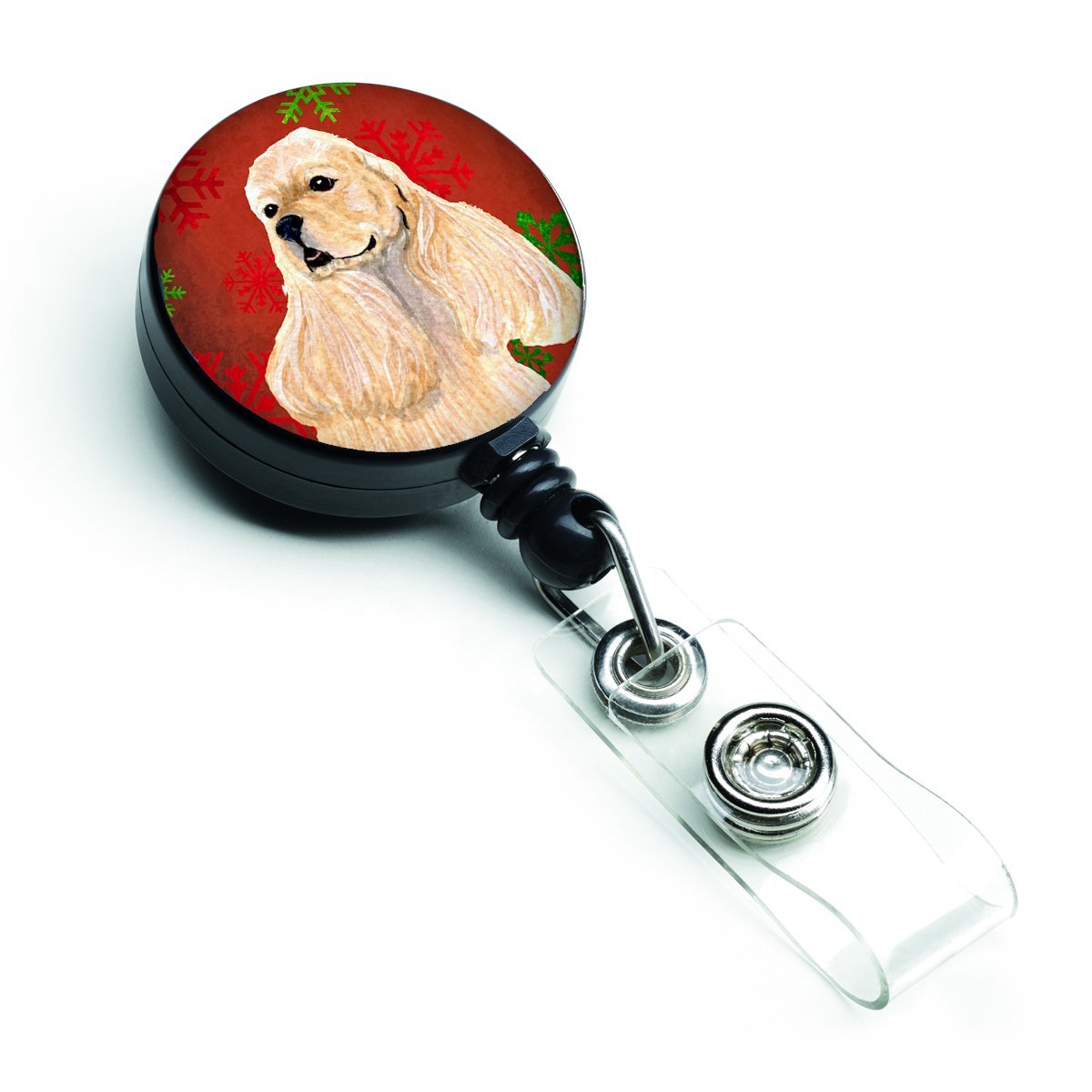 SS4729BR Buff Cocker Spaniel Red & Green Snowflakes Christmas Retractable Badge Reel