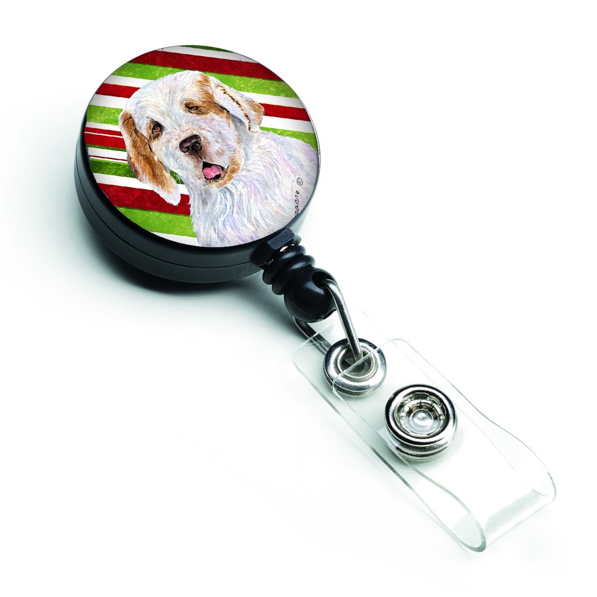 Clumber Spaniel Candy Cane Holiday Christmas Retractable Badge Reel
