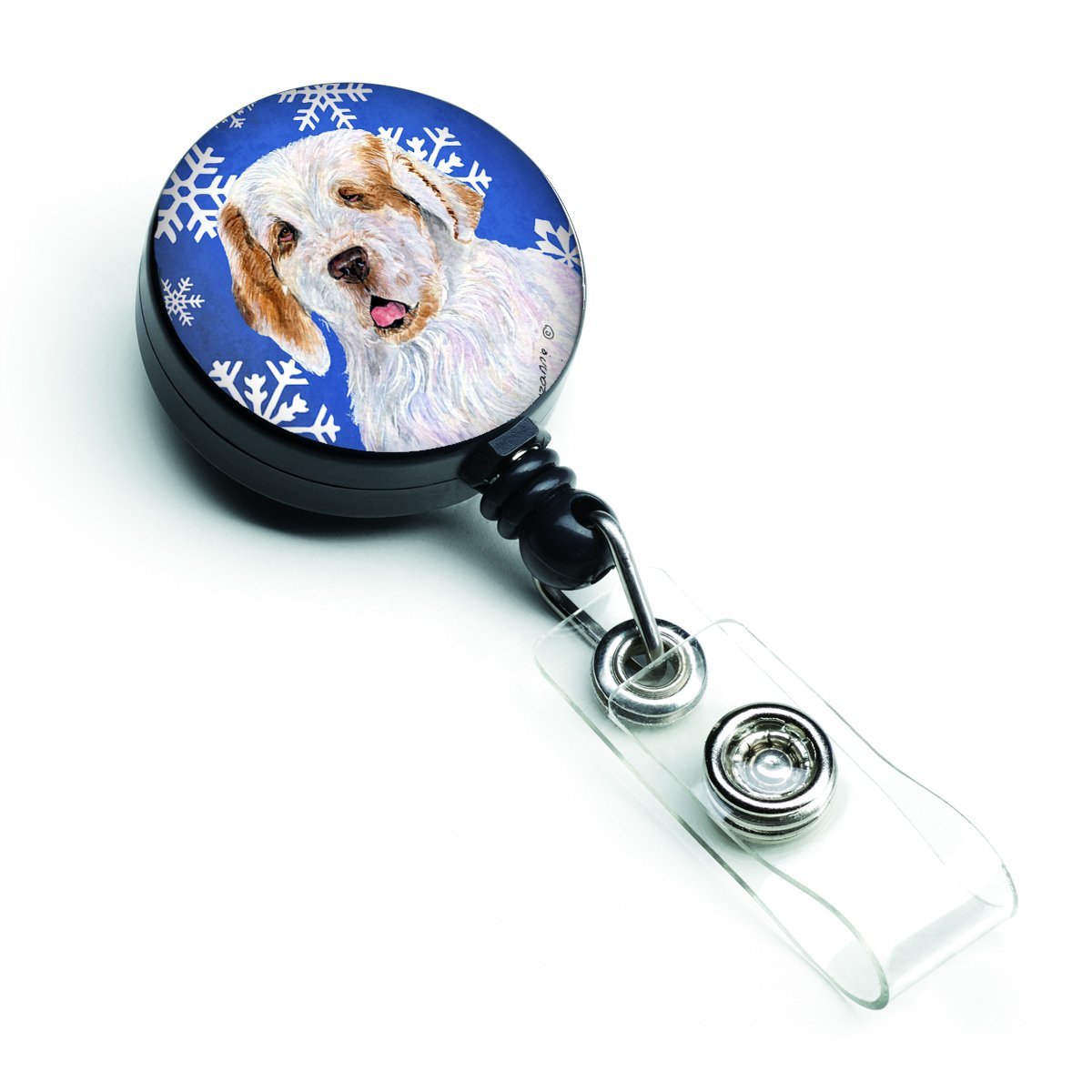 Clumber Spaniel Winter Snowflakes Holiday Retractable Badge Reel