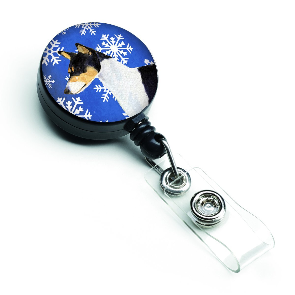 Basenji Winter Snowflakes Holiday Retractable Badge Reel