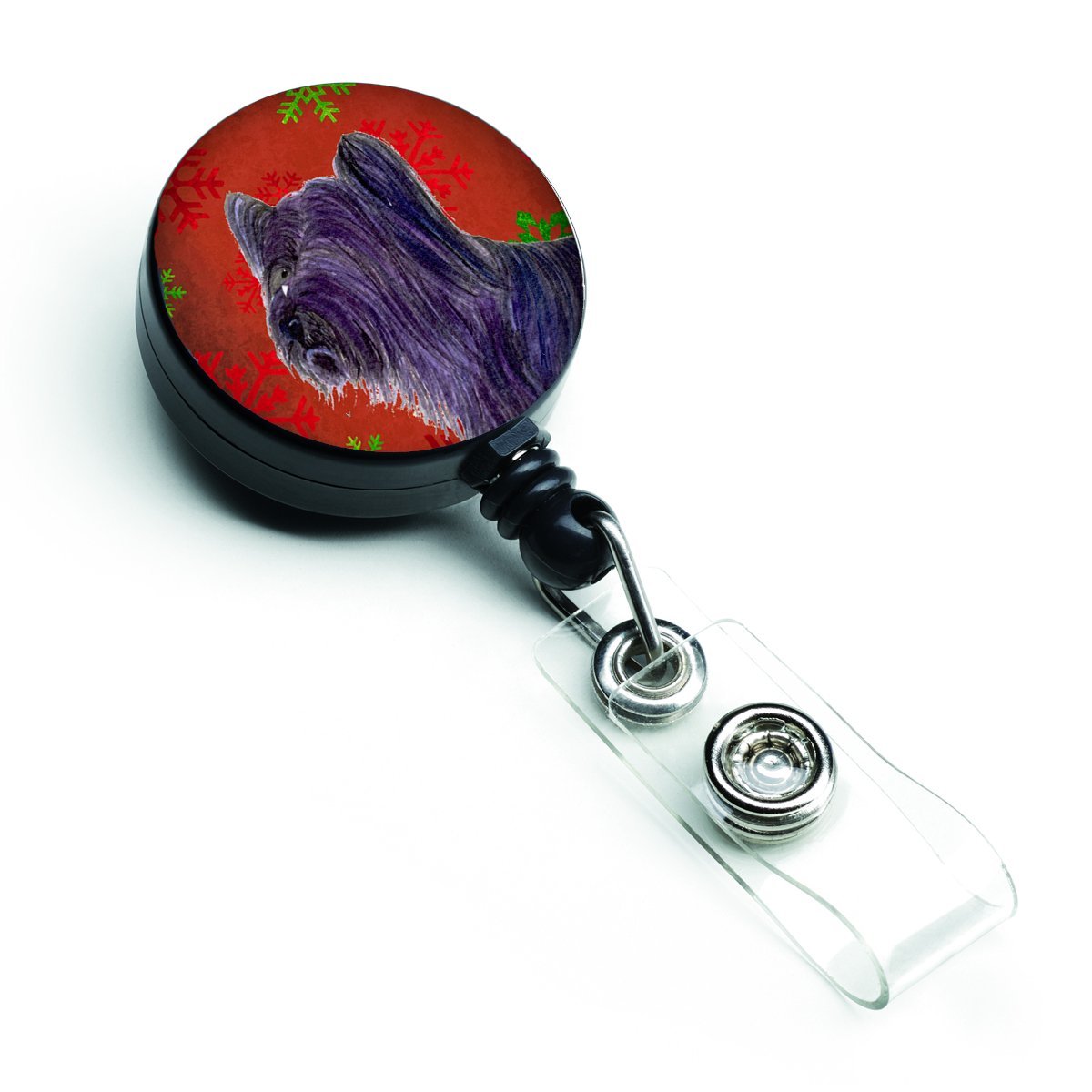 Skye Terrier Red & Green Snowflake Holiday Christmas Retractable Badge Reel
