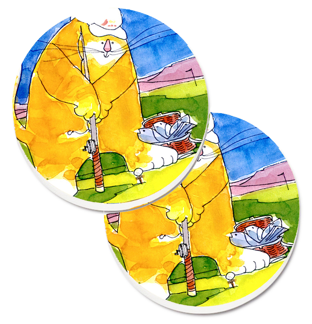 Picture of Carolines Treasures 6105CARC Big Cat golfing with a fishing pole Set of 2 Cup Holder Car Coaster