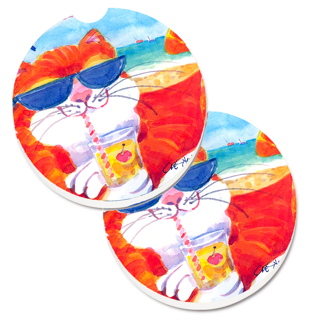Picture of Carolines Treasures 6118CARC Cool Cat with Sunglasses at the Beach Set of 2 Cup Holder Car Coaster