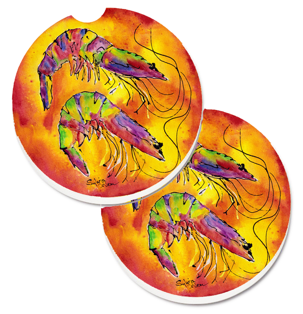 Picture of Carolines Treasures 8378CARC Bright Shrimp on Red Set of 2 Cup Holder Car Coaster