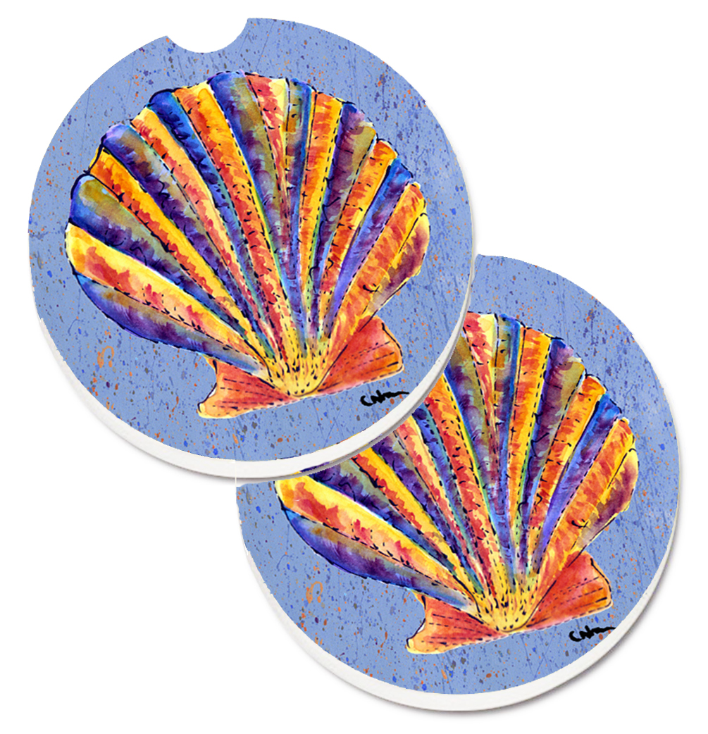 Scalloped Shell on Blue Set of 2 Cup Holder Car Coaster