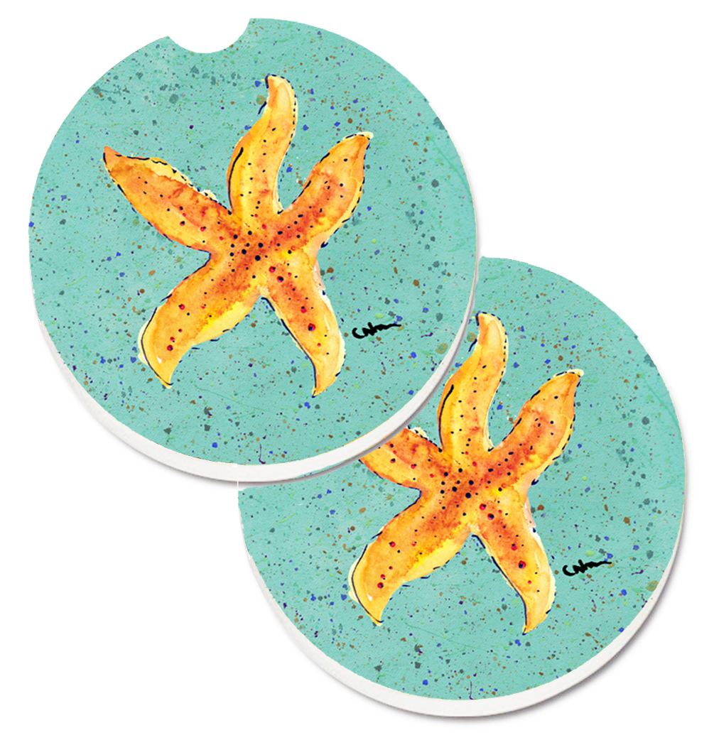 Picture of Carolines Treasures 8527CARC Starfish on Teal Set of 2 Cup Holder Car Coaster
