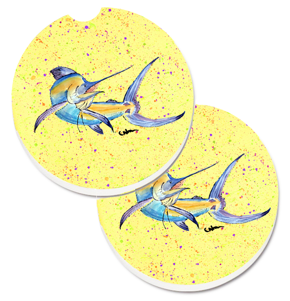Picture of Carolines Treasures 8533CARC Blue Marlin on Yellow Set of 2 Cup Holder Car Coaster