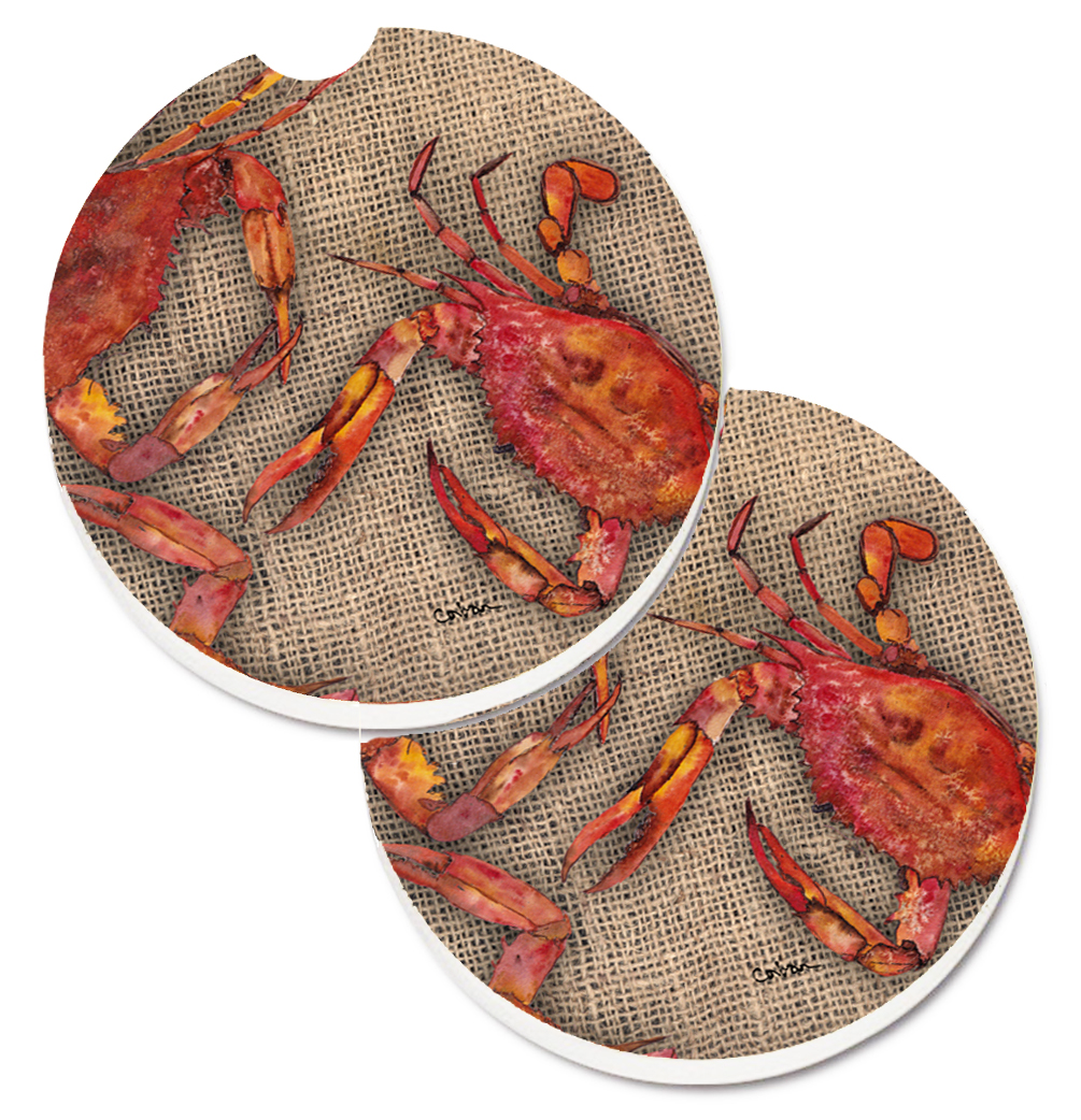 Cooked Crabs on Faux Burlap Set of 2 Cup Holder Car Coaster