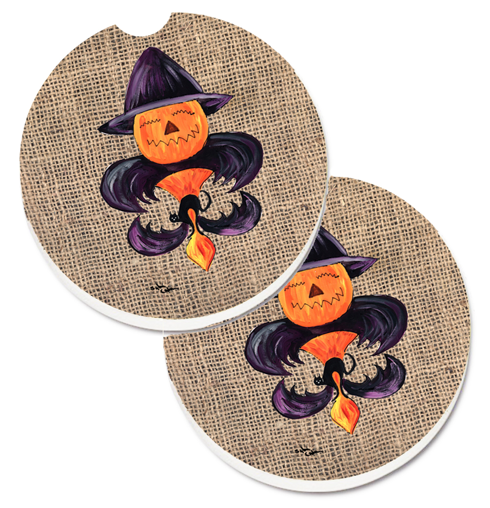 Halloween Pumpkin Bat Fleur De Lis Set of 2 Cup Holder Car Coaster