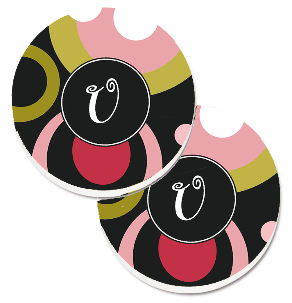 Letter U Monogram Retro in Black Set of 2 Cup Holder Car Coaster