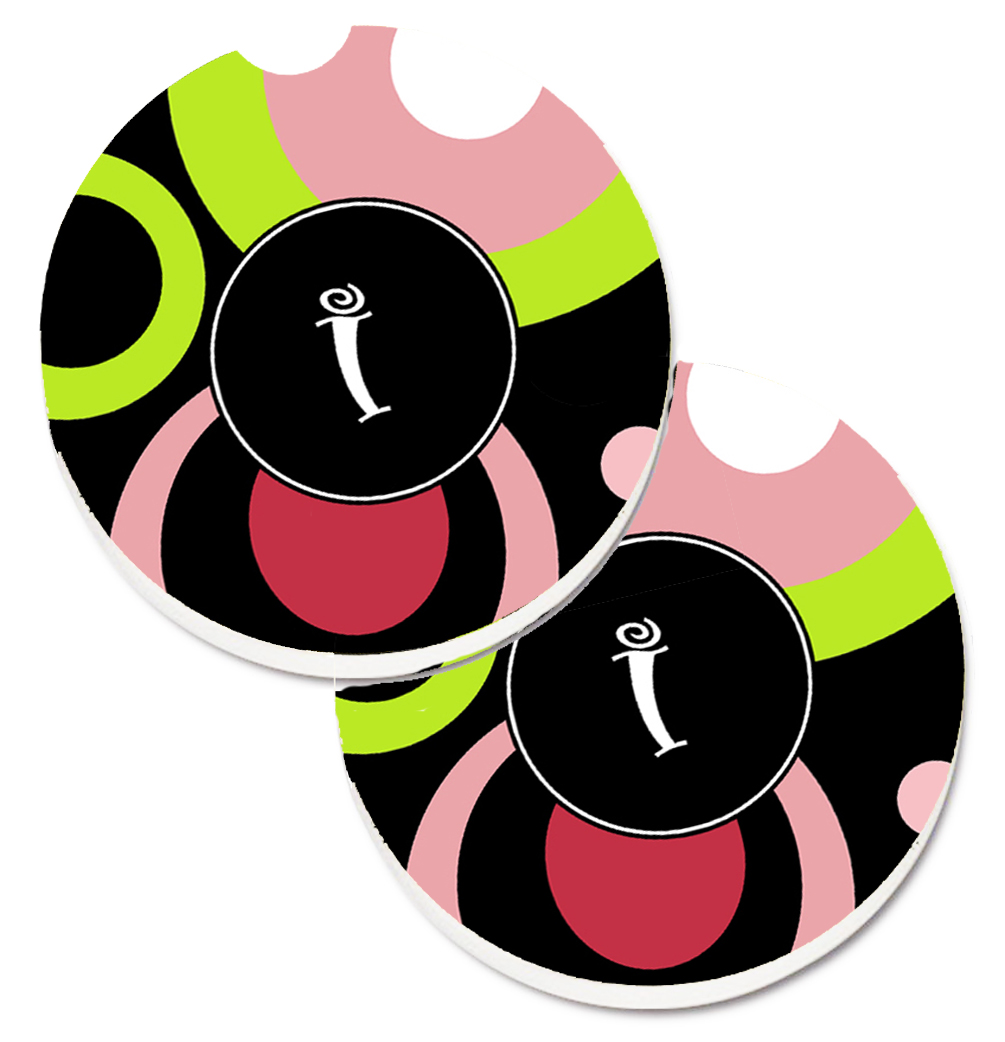 Letter I Monogram Retro in Black Set of 2 Cup Holder Car Coaster