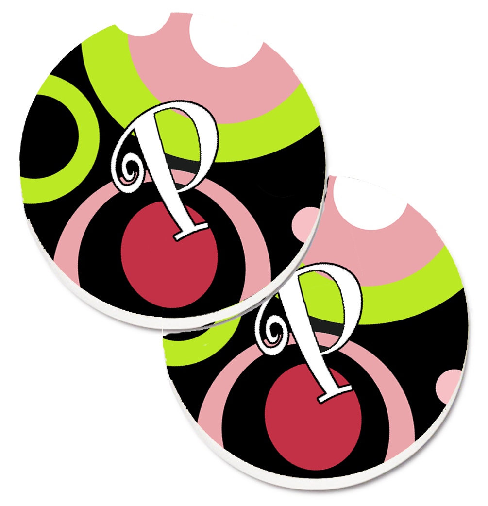 AM1002-PCARC Letter P Monogram Retro in Black Set of 2 Cup Holder Car Coaster