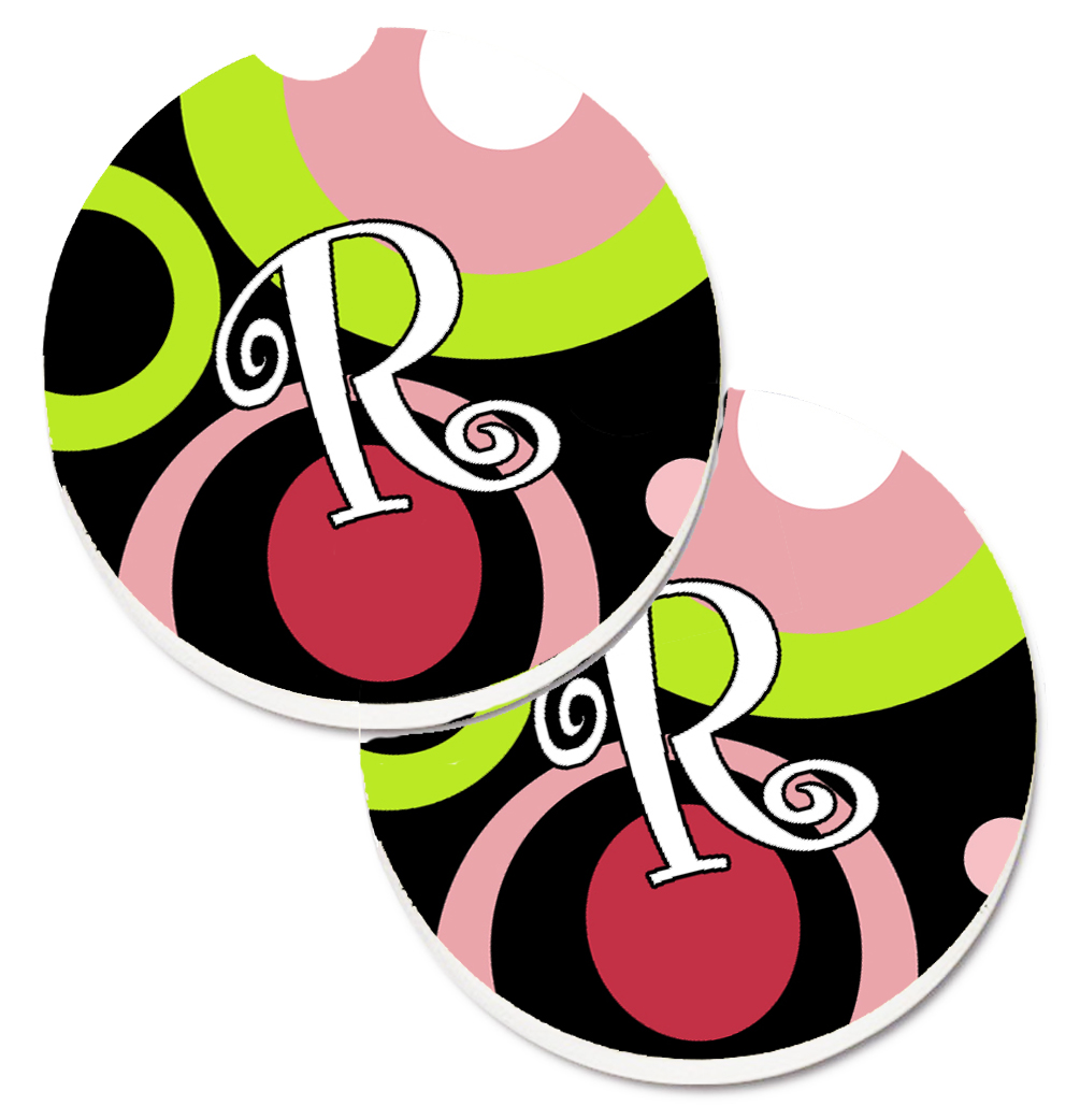 Letter R Monogram Retro in Black Set of 2 Cup Holder Car Coaster