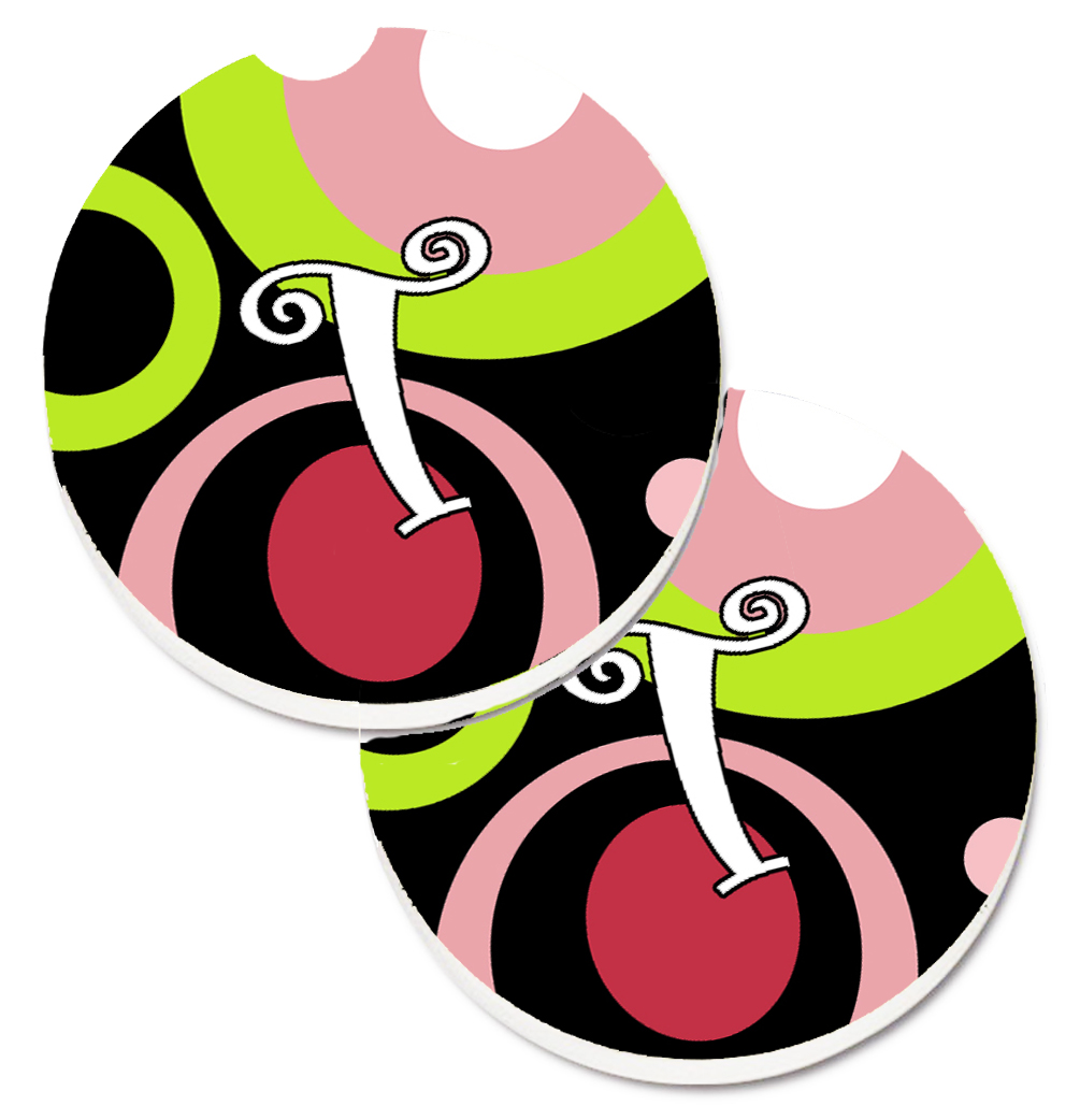 Letter T Monogram Retro in Black Set of 2 Cup Holder Car Coaster