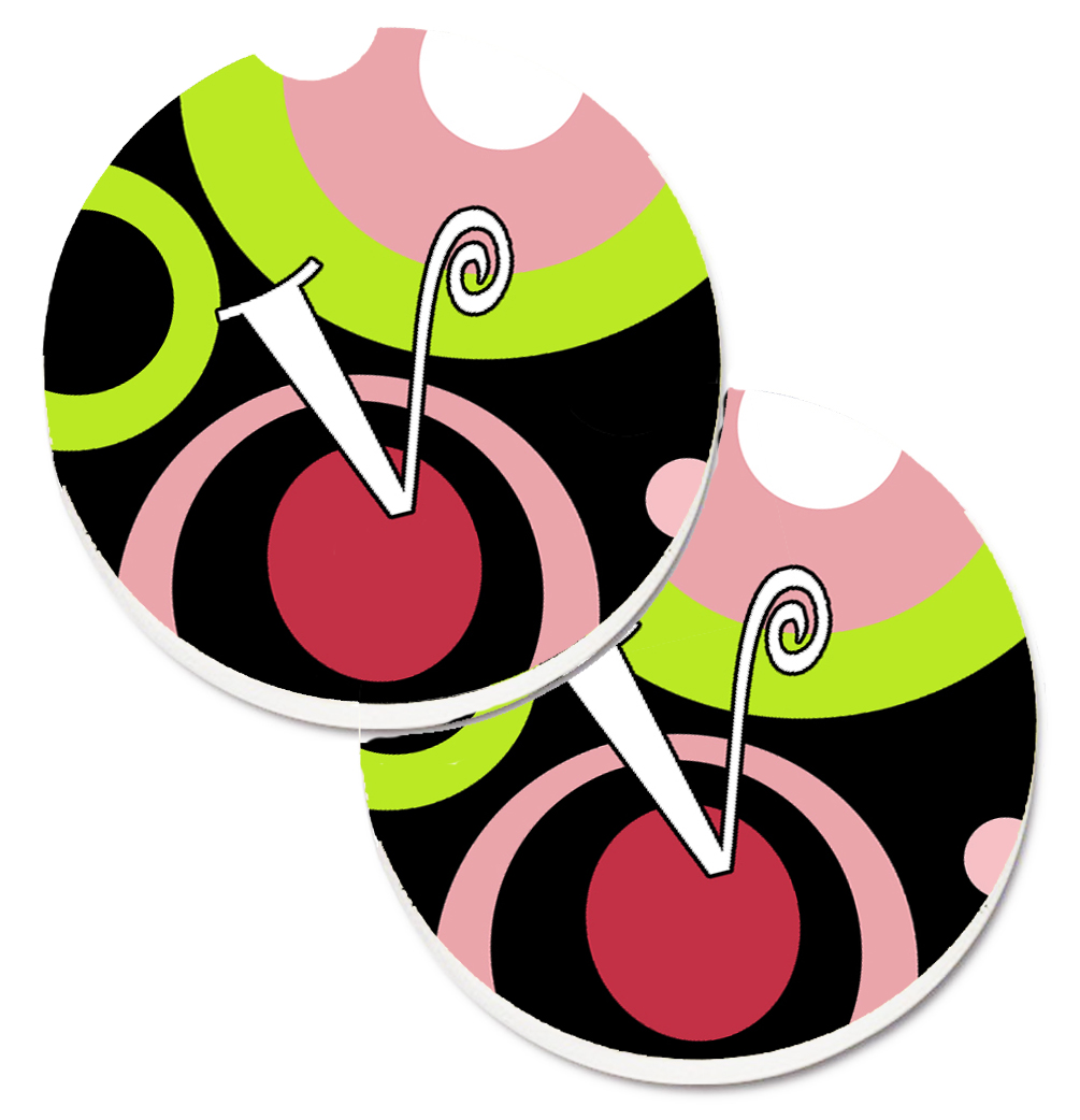 AM1002-VCARC Letter V Monogram Retro in Black Set of 2 Cup Holder Car Coaster