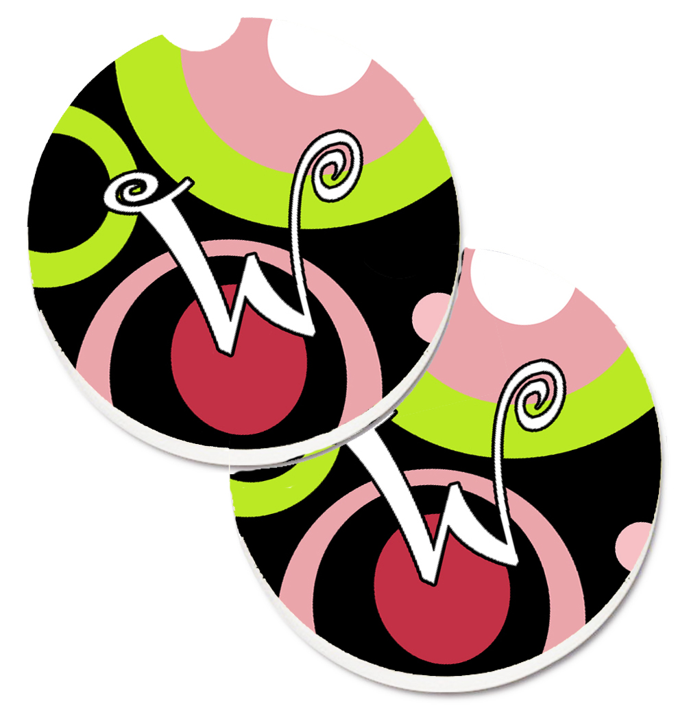 Letter W Monogram Retro in Black Set of 2 Cup Holder Car Coaster