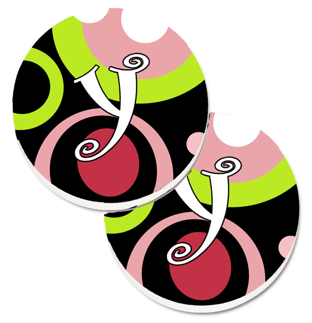 Letter Y Monogram Retro in Black Set of 2 Cup Holder Car Coaster