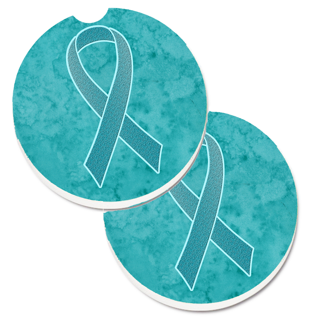 AN1201CARC Teal Ribbon for Ovarian Cancer Awareness Set of 2 Cup Holder Car Coaster