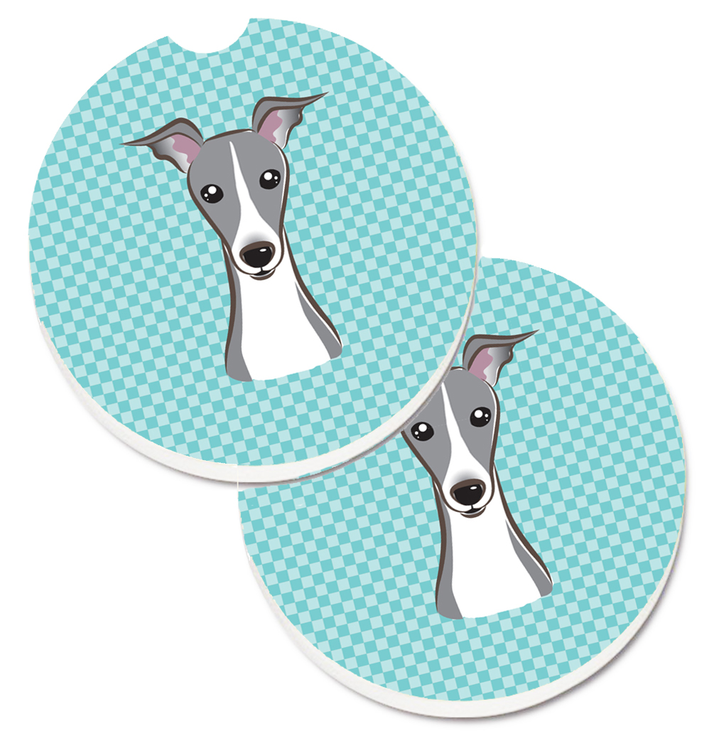 Checkerboard Blue Italian Greyhound Set of 2 Cup Holder Car Coaster