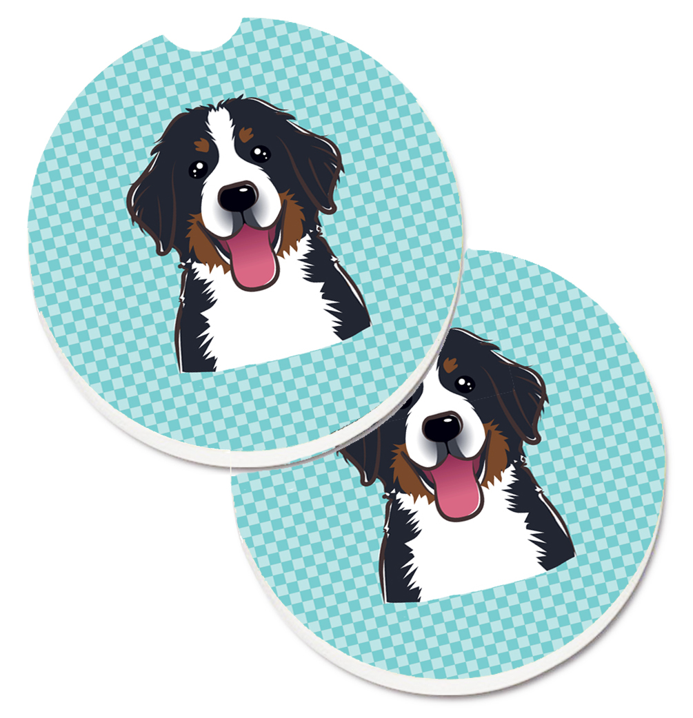BB1175CARC Checkerboard Blue Bernese Mountain Dog Set of 2 Cup Holder Car Coaster