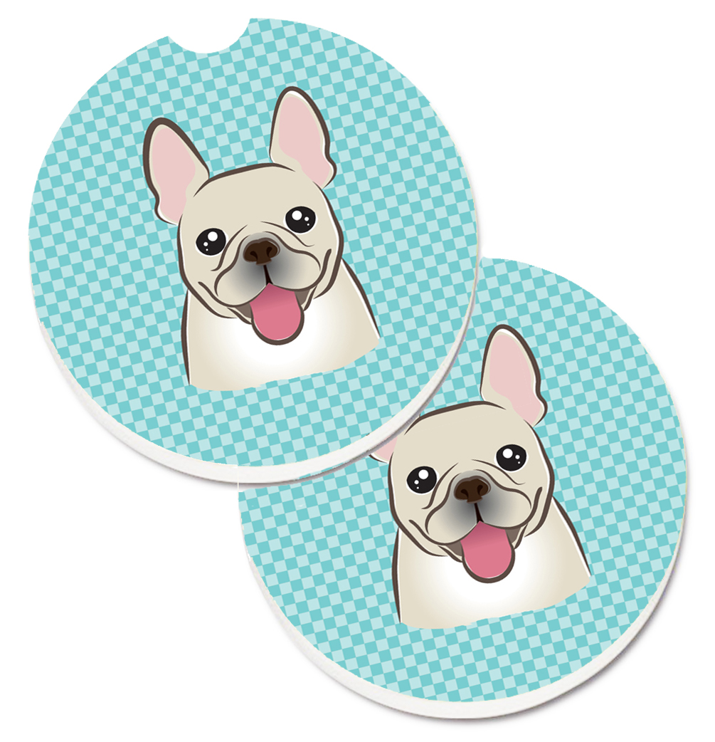 Picture of Carolines Treasures BB1176CARC Checkerboard Blue French Bulldog Set of 2 Cup Holder Car Coaster