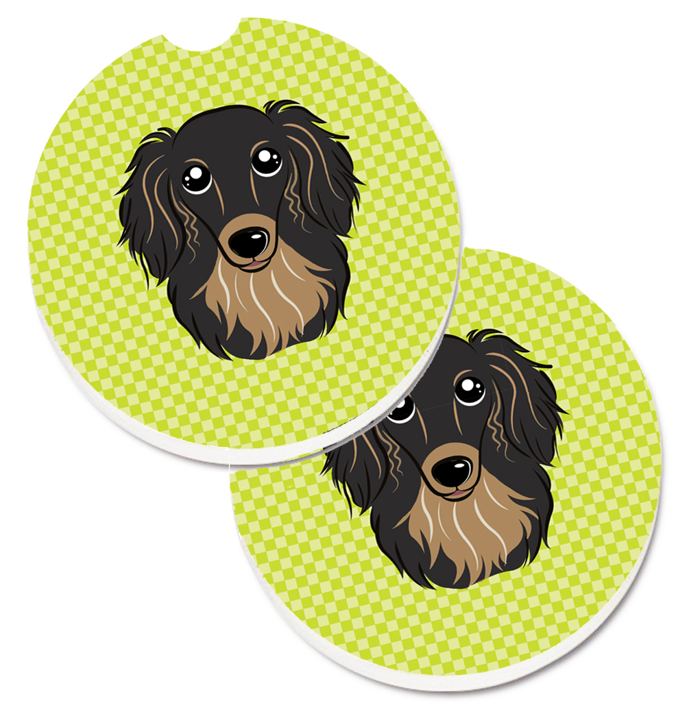 Picture of Carolines Treasures BB1275CARC Checkerboard Lime Green Longhair Black & Tan Dachshund Set of 2 Cup Holder Car Coaster