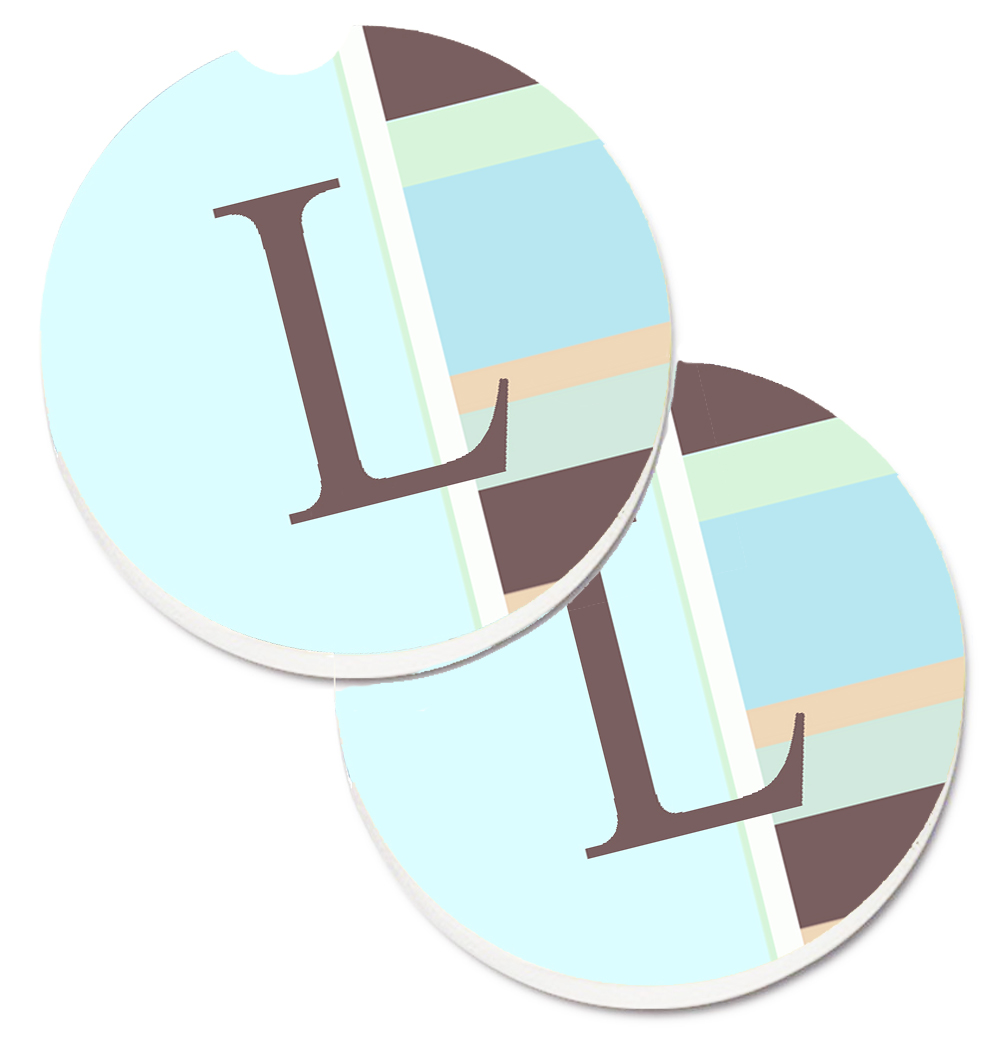 CJ1003-LCARC Letter L Initial Monogram Blue Stripes Set of 2 Cup Holder Car Coaster